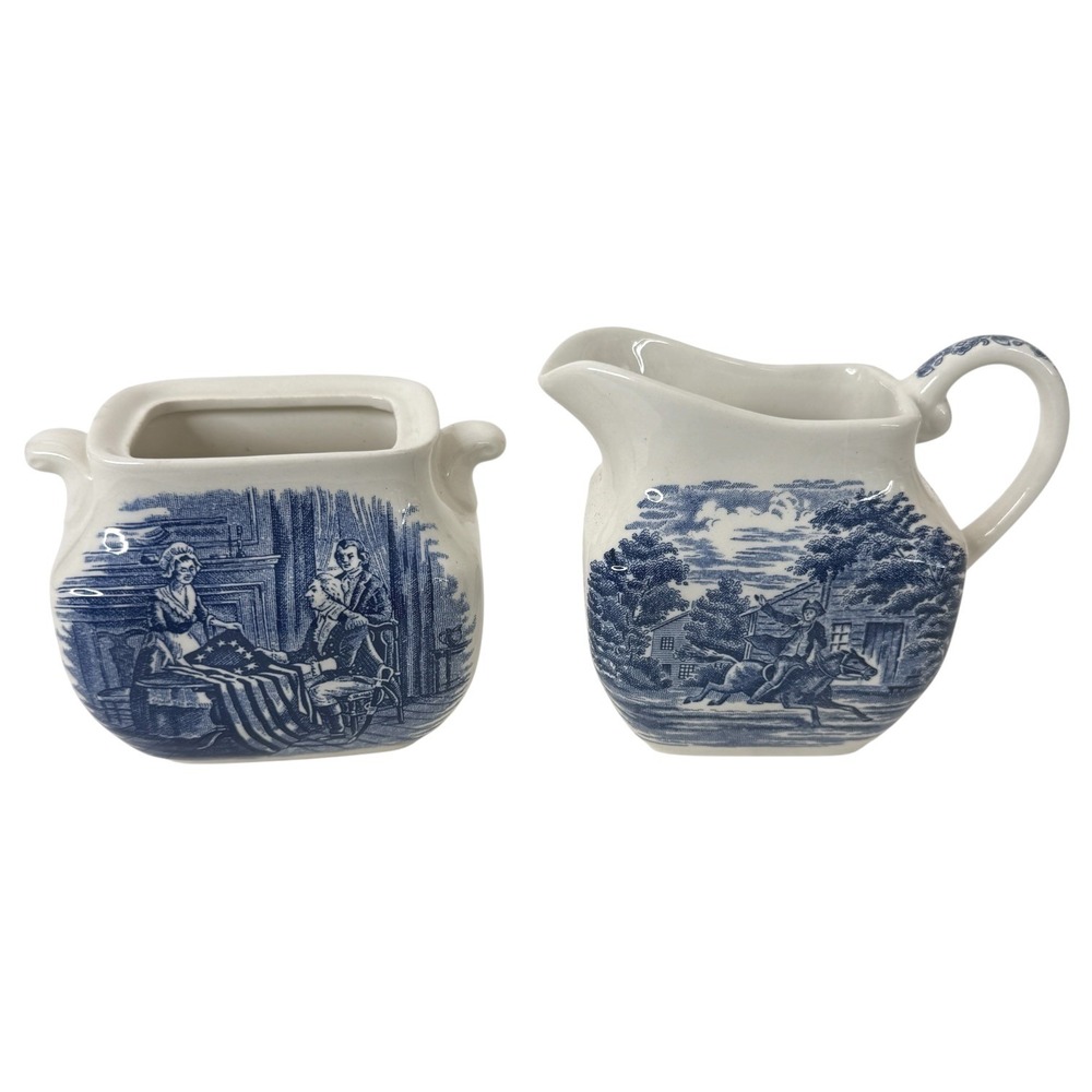 Liberty Blue Paul Revere Creamer & Betsy Ross Sugar Bowl Set England